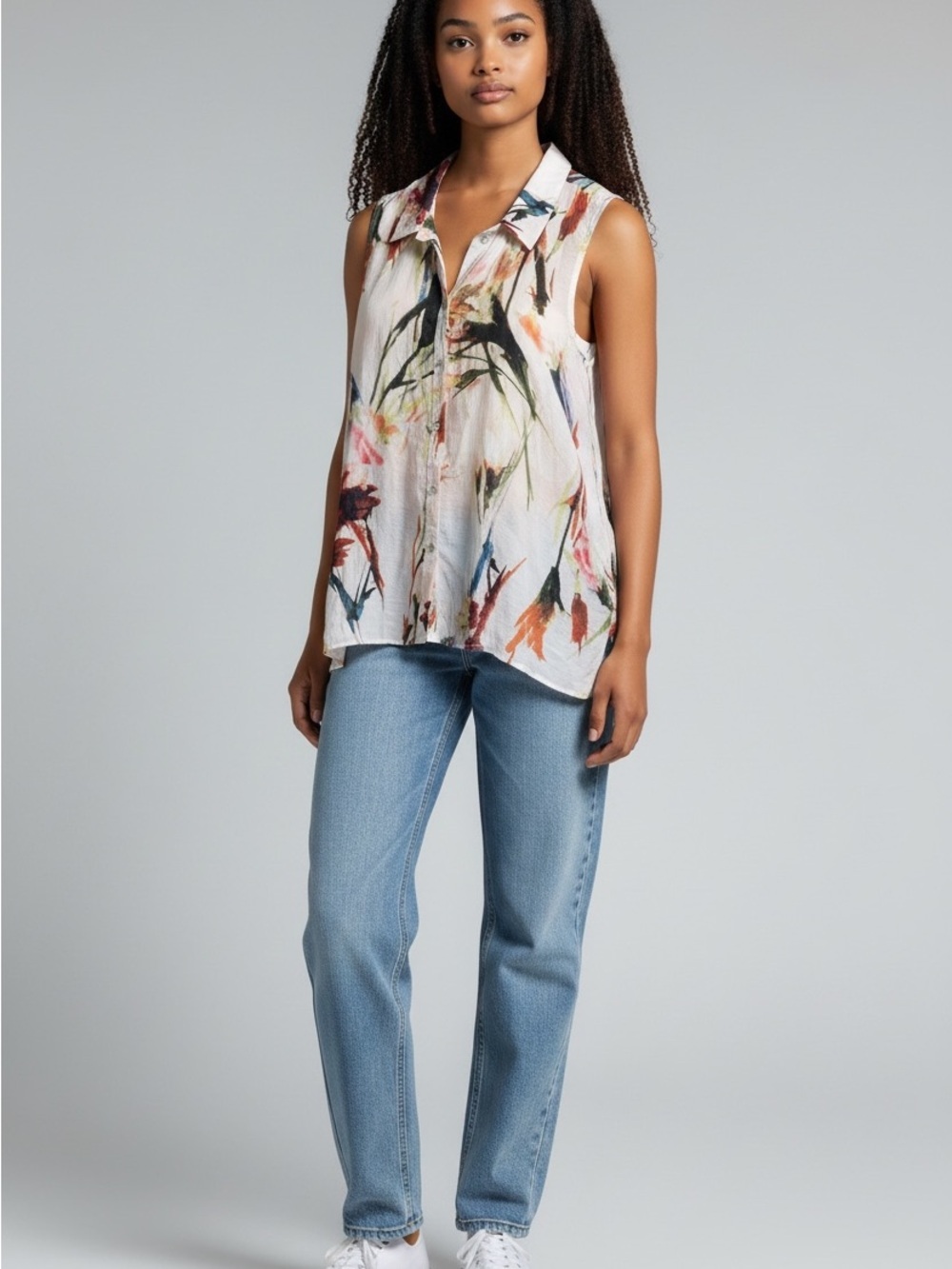 Milano Watercolor Floral Print Top in the Palest Pink w Pink, Green Blue Accents